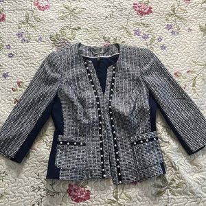 WHBM navy and white tweed blazer with pearl accents